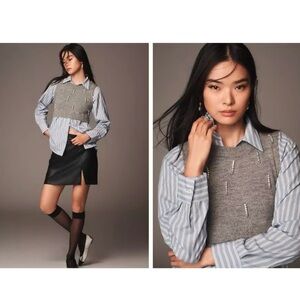 Anthropologie Gray Sweater Vest with Blue Striped Shirt